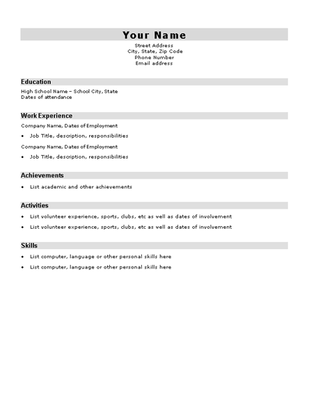 Example of resume for high school graduate