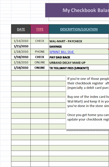 Checkbook Register Template